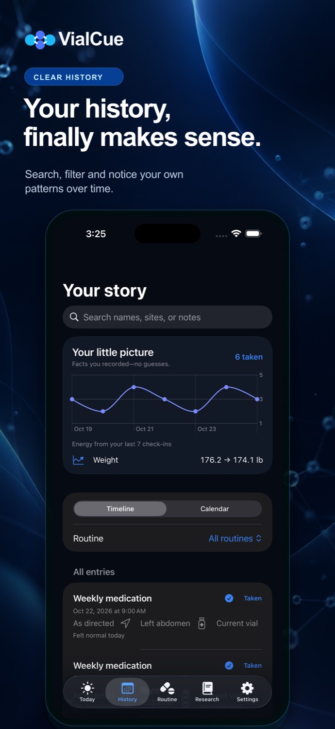 VialCue searchable history screen